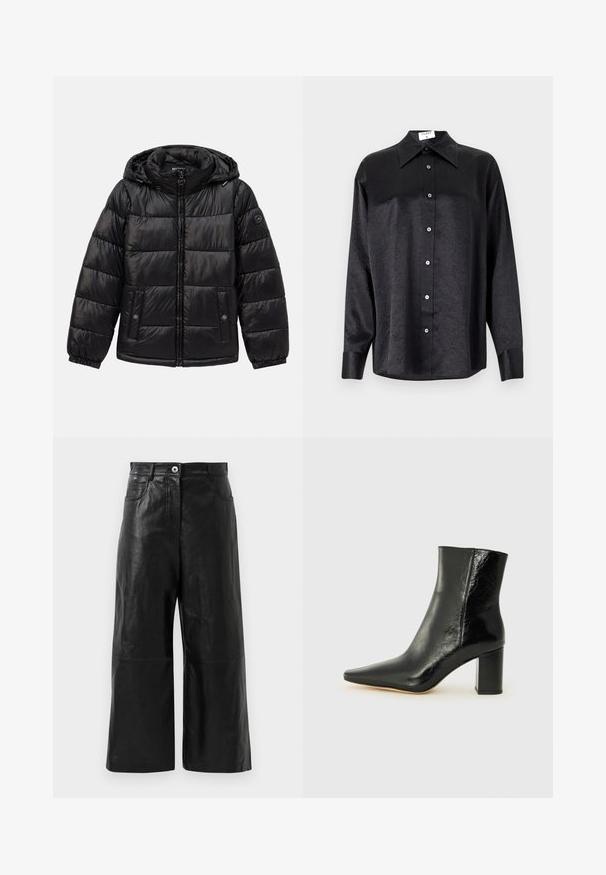 Juodas siuvinėtas pūkinis švarkas su kauke, užtrauktuku, spaudėmis kišenėmis, elastingomis rankogaliais ir logotipo aplikacija kairiajame rankove.; Juodas ilgarankovis marškinis su apykakle, turintis plėšyta tekstūra, visiško mygtukų uždarymo priekyje ir rankogaliais. Pagamintas iš lygaus audinio.; Juodos odinės platėjančios kelnės su lygiu paviršiumi, turinčios užtrauktuką ir priekinėmis kišenėmis. Minimalistinis dizainas su sutrumpintu ilgiu.; Juodos kulkšninių botai, pagaminti iš blizgaus odos, su smailiu nosiu ir storo kvadratinio kulno. Išsiskiria lygiu paviršiumi ir minimalizmo stiliumi.