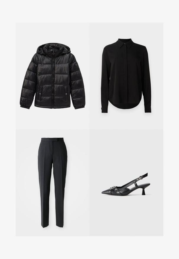 Mustat tikkikuvioiset toppatakki hupulla, vetoketjukiinnitys, nepparilla varustetut taskut, joustavat hihansuut ja logo-patch vasemmassa hihassa.; Mustat pitkähihaiset puserot, joissa on terävä kaulus, piilotettu nappilista ja kaareva helma yksinkertaista valkoista taustaa vasten.; Musta räätälöity suora lahjehousut korkealla vyötäröllä ja etuonteloilla, esillä yksinkertaisella vaalealla taustalla.; Mustat nahkakengät, joissa on avonainen takaosa ja kärjessä terävä muoto, koristevyöt, joissa on metalliset reiät, sekä matala lohkoepohja. Teksturoitu pinta.