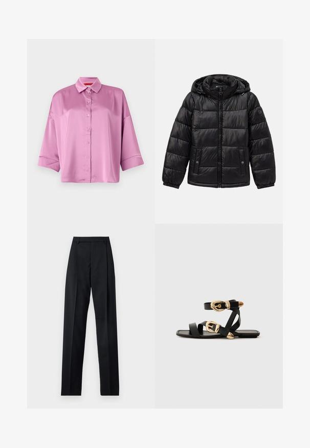 Mustat tikkikuvioiset toppatakki hupulla, vetoketjukiinnitys, nepparilla varustetut taskut, joustavat hihansuut ja logo-patch vasemmassa hihassa.; Vaaleanpunainen satiininen nappipaita, jossa on kaulus, rento leikkaus ja käärityt hihat. Paidassa on sileä pinta ja hienoinen kiilto.; Musta housut, jotka on valmistettu sileästä kankaasta ja joissa on korkea vyötärö, leveät lahkeet, etukaarteet ja klassiset vyölenkit. Ei näkyviä sivutaskuja.; Mustat nahkakengät kultaisilla solkiyksityiskohdilla, joissa on useita hihnoja ja litteä pohjarakenteinen muotoilu avonaisille varpaille.