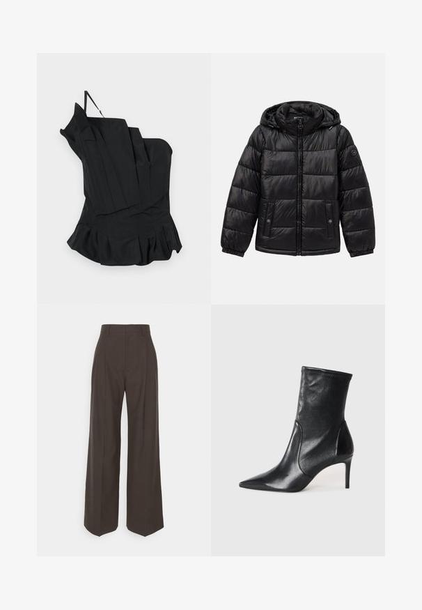 Black quilted puffer jacket with hood, zip closure, snap-button pockets, elastic cuffs, and logo patch on the left sleeve.; Black structured top with an asymmetrical design, featuring pleats and a flared hem. Made from smooth fabric with a single shoulder strap.; Dark brown wide-leg trousers with a high waist, featuring neatly pressed creases, smooth texture, and a tailored fit.; Black ankle boots made of smooth leather, featuring a pointed toe, fitted shaft, and a slim high heel. Minimalist design with no visible hardware.