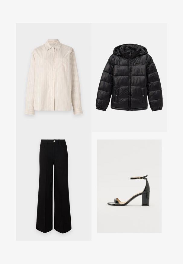 Crna jakna s kvačicama, s kapuljačom, zatvaranjem na patentni zatvarač, džepovima na dugmad, elastičnim manžetama i logotipom na lijevom rukavu.; Košulja dugih rukava u svijetlo bež boji s vertikalnim prugama u krem i svijetlo narančastoj. Ima ovratnik i jedan džep na prsima.; Crne široke traperice od čvrstog materijala, s visokim strukom, prednjim džepovima i prednjim kopčanjem na dugme. Ravni rub na dnu.; Crne lakirane sandale s širokim potpeticama, otvorenim prstima i remenom oko gležnja s zlatnom kopčom. Glatka tekstura i elegantan dizajn.