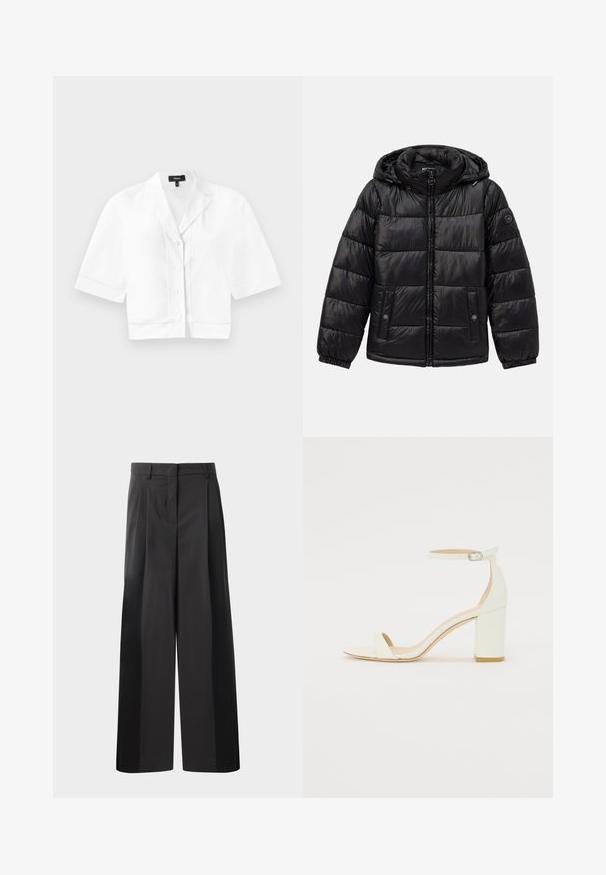 Black quilted puffer jacket with hood, zip closure, snap-button pockets, elastic cuffs, and logo patch on the left sleeve.; White cropped short-sleeve button-up shirt with a pointed collar, featuring a subtle textured stitch along the hem and a smooth fabric finish.; Black wide-leg trousers with a high waist, featuring front pleats, a smooth texture, and a tailored finish. Designed for a relaxed fit.; White leather block-heel sandal featuring an ankle strap with a buckle and minimalist design. Open toe and smooth textures throughout.