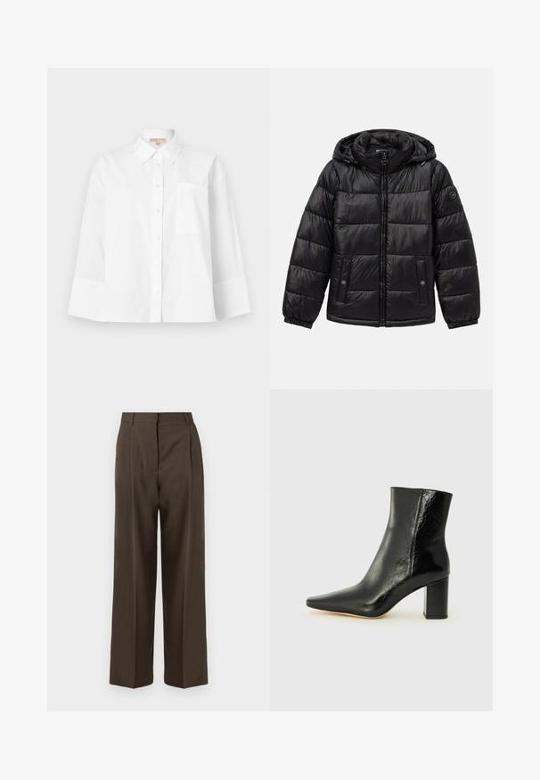 Čierna prešívaná puffa bunda s kapucňou, so zipsom, náprsnými vreckami so zapínaním na patentky, elastickými manžetami a logom na ľavom rukáve.; Bielo-krémová košeľa na gombíky vyrobená z bavlny, s špicatým golierom, dlhými rukávmi, vreckom na hrudníku a voľným strihom.; Hnedé široké nohavice s hladkou textúrou, s vysokým pásom, prednými plisovaním a strihom na mieru. Žiadne viditeľné vrecká ani ozdoby.; Čierne členkové čižmy vyrobené z lesklej kože s špicatou špičkou a robustným štvorcovým podpätkom. Majú hladkú textúru a minimalisti design.