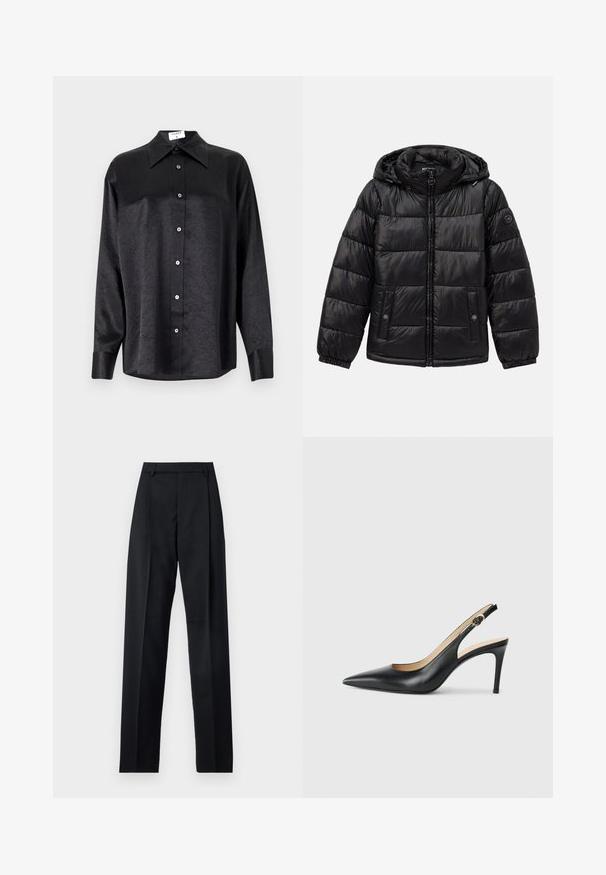 Melnā uzpušķotā puffer jaka ar kapuci, ar rāvējslēdzēju, pogu kabatām, elastīgām piedurknēm un logo uzlīmi kreisajā piedurknē.; Melnas garām piedurknēm krekls ar apdari, kas piedāvā samocītu tekstūru, pilnu pogu priekšpusi un aproces. Izgatavots no gludas auduma.; Melnas bikses, izgatavotas no gludas auduma, ar augstu vidukli, platiem bikšu galdniekiem, priekšējiem krokām un klasiskām jostu cilpām. Sānu kabatas nav redzamas.; Melnas ādas sandales ar augstiem papēžiem un norādītu degunu, regulējama josta un elegants stiletto papēdis, kas izceļas ar gludu apdari.
