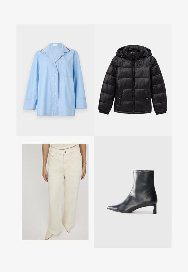 Zwarte gewatteerde pufferjack met capuchon, ritssluiting, drukknoopzakken, elastische manchetten en logo-opdracht op de linkermouw.; Lichtblauw overhemden met lange mouwen, voorzien van rode contraststiksels en een borstzak. Zachte stof met een ontspannen pasvorm.; Crème-kleurige wijde jeans van denim, met een hoge taille, voorzakken en een sluiting met één knoop voor een relaxte pasvorm.; Zwarte leren enkellaars met een spitse neus en een slank ontwerp. Heeft een lage hak en een ritssluiting aan de achterkant. Gladde textuur.