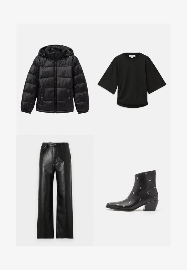Mustat tikkikuvioiset toppatakki hupulla, vetoketjukiinnitys, nepparilla varustetut taskut, joustavat hihansuut ja logo-patch vasemmassa hihassa.; Musta lyhythihainen t-paita pehmeää puuvillakangasta, jossa on pyöreä kaula-aukko ja rento leikkaus, jossa on huomaamaton keräysdetaili sivussa.; Mustat leveälahkeiset nahkahousut kiiltävällä pinnalla, joissa on etutaskut, vetoketju ja nappikiinnitys. Tasainen tekstuuri koko housuissa.; Musta nahkainen nilkkaboots, jossa on hopeiset silmukkadetaljit, teräväkärkinen malli ja lohkoavokas. Tyylikäs muotoilu, jossa on sileä pinta.