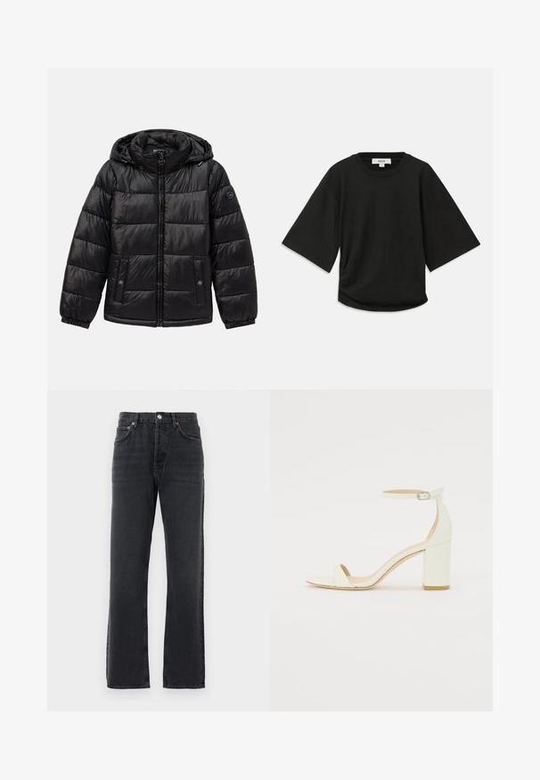 Melnā uzpušķotā puffer jaka ar kapuci, ar rāvējslēdzēju, pogu kabatām, elastīgām piedurknēm un logo uzlīmi kreisajā piedurknē.; Melnā īsā piedurkņu T-kreklā, kas izgatavots no mīksta kokvilnas auduma, ir apaļa kakla izgriezuma un brīva piegriezuma ar vieglu sakopojuma detaļu sānos.; Melni taisnie džinsi ar piecām kabatām, pogu aizdare un jostas cilpas, izlikti uz balta fona.; Balts ādas blokpārklājs ar siksniņu ap potīti, kurai ir sprādze un minimālistisks dizains. Atvērta purna un gludas virsmas visā apavā.