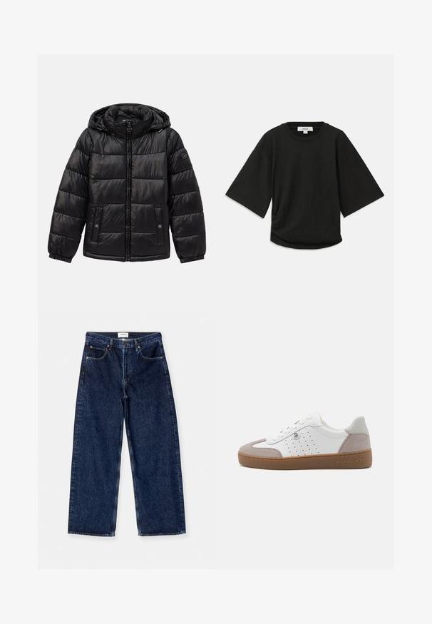 Black quilted puffer jacket with hood, zip closure, snap-button pockets, elastic cuffs, and logo patch on the left sleeve.; Black short-sleeve t-shirt made of soft cotton, featuring a round neckline and a relaxed fit with a subtle gathered detail at the side.; Dark blue denim wide-leg jeans featuring a high waist, front pockets, and a smooth texture with subtle stitching accents.; White leather sneaker with gray suede accents, perforated design, round toe, flat brown rubber sole, and embossed branding on the side.