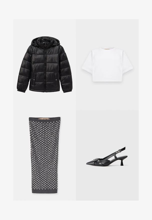 Melnā uzpušķotā puffer jaka ar kapuci, ar rāvējslēdzēju, pogu kabatām, elastīgām piedurknēm un logo uzlīmi kreisajā piedurknē.; Izgriezta balta T-krekla no mīksta auduma, ar īsām piedurknēm, apaļu apkakli un ribota apakšmala. Vienkāršs un neizpušķots dizains.; Ogļu pelēka tube top ar sudraba rhinestones, kas izklātas režģī, izceļoties ar ribota tekstūru un gludu iekšpusi.; Melnas ādas šlipsveida kurpes ar norādītu purngalu, dekoratīvām joslām ar metāla acīm un zemu bloku papēdi. Teksturēta virsma.