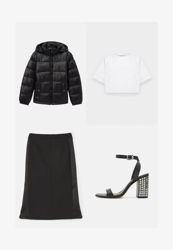 Svart quilted puffer-jakke med hette, glidelås foran, knapp-lukking lommer, elastiske mansjetter og en logo-patch på venstre erme.; Kuttet hvit t-skjorte laget av mykt stoff, med korte ermer, rund hals og ribbestrikket detaljer nederst. Enkel og upradert design.; Svart blyantskjørt med en glatt stofffinish, med sidelommer og en litt matt satinstoffpanel på siden for kontrast.; Svarte lær sandaler med hæl og ankelrem. Har firkantet tå, glatt tekstur og firkantet blokkhæl prydet med sølvnitter.