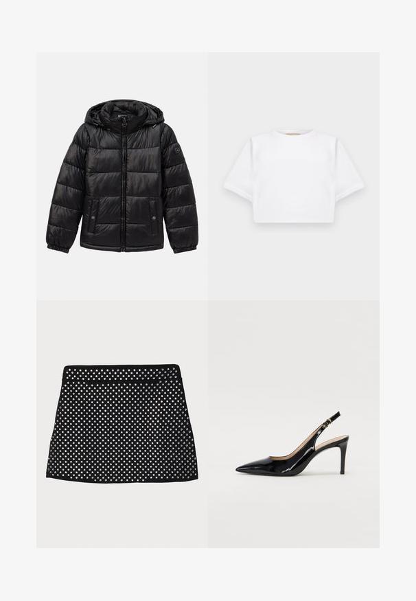 Černá prošívaná péřová bunda s kapucí, zipovým zapínáním, kapsami na patentky, elastickými manžetami a logem na levém rukávu.; Zkrácené bílé tričko vyrobené z měkké látky, má krátké rukávy, kulatý výstřih a žebrované detaily na lemech. Jednoduchý a nezdobený design.; Černá mini sukně s perforovaným vzorem zdobená stříbrnými hroty, s hladkým pasem a rovním lemem.; Černé lakované slingback lodičky s špičatou špičkou, úzkým podpatkem a jemným výřezem. Obsahují zlatou sponu na řemínku.