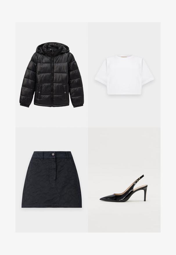 Schwarze, gesteppte Daunenjacke mit Kapuze, Reißverschluss, Druckknopf-Taschen, elastischen Bündchen und Logo-Patch am linken Ärmel.; Beschnittenes weißes T-Shirt aus weichem Stoff, mit kurzen Ärmeln, rundem Halsausschnitt und gerippten Saumdetails. Einfaches und schnörkelloses Design.; Schwarzer Rock mit strukturiertem Muster, ausgestattet mit einer Knopfleiste vorne, zwei Taschen und einem taillierten Schnitt. Hergestellt aus strapazierfähigem Stoff.; Schwarz lackierte Slingback-Pumps mit spitzem Zehenbereich, schlankem Absatz und einem subtilen Ausschnittdesign. Verfügt über eine goldene Schnalle am Riemen.