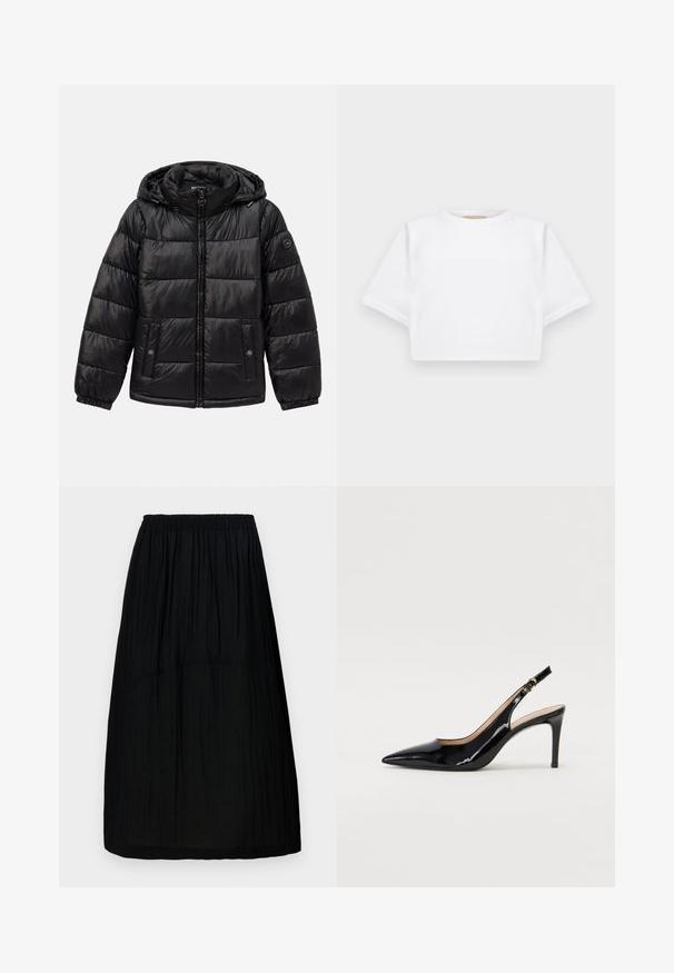 Juodas siuvinėtas pūkinis švarkas su kauke, užtrauktuku, spaudėmis kišenėmis, elastingomis rankogaliais ir logotipo aplikacija kairiajame rankove.; Trumpas baltas marškinėliai iš minkštos medžiagos, su trumpomis rankovėmis, apvaliu iškirpimu ir raukšlėtais hemų detalėmis. Paprastas ir be puošmenų dizainas.; Juodas, iki kelių siekiantis sijonas su elastine juosta, pagamintas iš lengvos, tekstūruotos medžiagos su subtiliomis vertikaliomis raukšlėmis. Paprastas dizainas.; Juodas lakinės odos slingback batelis su smailiu nosiu, plonu kulnu ir subtiliu išpjovos dizainu. Yra auksinė sagtis ant dirželio.