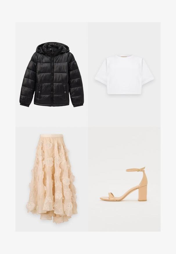 Casaco puffer acolchoado preto com capuz, fecho de zip, bolsos com botão de pressão, punhos elásticos e patch de logótipo na manga esquerda.; T-shirt branca corta, feita de tecido macio, apresentando mangas curtas, um decote redondo e detalhes de bainha canelada. Design simples e despretensioso.; Saia de tul beje com bordados florais em camadas, decorada com lantejoulas e uma cintura ajustada, com uma bainha fluida.; Sandálias de salto alto em pele envernizada nua com ponta quadrada, tira no tornozelo e salto robusto. Textura suave e detalhes de design minimalistas.