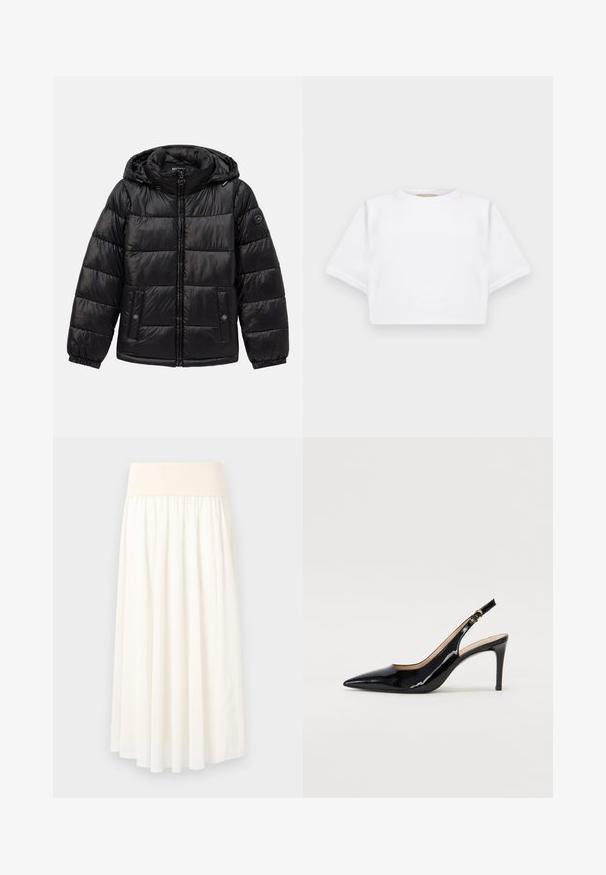 Mustat tikkikuvioiset toppatakki hupulla, vetoketjukiinnitys, nepparilla varustetut taskut, joustavat hihansuut ja logo-patch vasemmassa hihassa.; Lyhythihainen valkoinen t-paita pehmeää kangasta, jossa on pyöreä pääntie ja ribbireunat. Yksinkertainen ja ilman koristeita oleva malli.; Valkoinen, polvipitkä hame, joka on valmistettu kevyestä kankaasta. Hameessa on leveä joustava vyötärönauha ja se on virtaviivainen ja laskostettu.; Musta lakattu nahkainen slingback-korkokenkä, jossa on terävä kärki, kapea korko ja hillitty leikkaussuunnittelu. Varressa on kultainen solki.