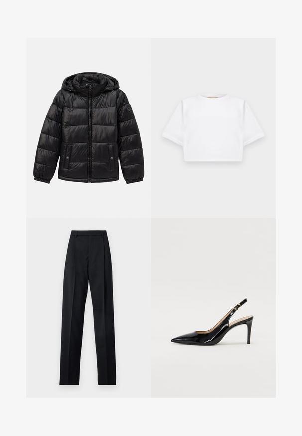 Czarna pikowana kurtka puchowa z kapturem, zamek błyskawiczny, kieszenie zapinane na napy, elastyczne mankiety oraz naszywka z logo na lewym rękawie.; Skrojona biała koszulka z miękkiego materiału, z krótkimi rękawami, okrągłym dekoltem i żebrowanymi detalami u dołu. Prosty i nieozdobiony design.; Czarne spodnie wykonane z gładkiego materiału, z wysokim stanem, szerokimi nogawkami, fałdami z przodu i klasycznymi szlufkami na pasek. Brak widocznych kieszeni bocznych.; Czarne lakierowane szpilki typu slingback z szpiczastym noskiem, smukłym obcasem i subtelnym wycięciem. Posiadają złotą klamrę na pasku.