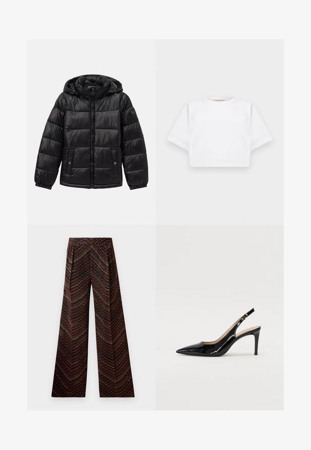 Svart vadderad pufferjacka med huva, dragkedja, knappfickor, elastiska ärmslut och logotypk patch på vänster ärm.; Klippt vit t-shirt tillverkad av mjukt tyg, med korta ärmar, rund halsringning och ribbade kantdetaljer. Enkel och utan prål design.; Vida byxor med hög midja och zigzagmönster i nyanser av brunt, svart, rosa och grönt på en vit bakgrund.; Svart patenterat läder slingback pumps med spetsig tå, smal klack och en subtil utskärning. Har en guldbuckle på remmen.