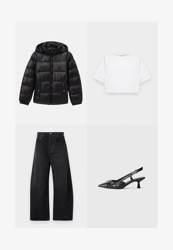 Black quilted puffer jacket with hood, zip closure, snap-button pockets, elastic cuffs, and logo patch on the left sleeve.; Cropped white t-shirt made of soft fabric, featuring short sleeves, a round neckline, and ribbed hem details. Simple and unembellished design.; Citizens of Humanity HORSESHOE - Relaxed fit jeans - black; Black leather slingback shoe with a pointed toe, decorative straps featuring metal eyelets, and a low block heel. Textured surface.