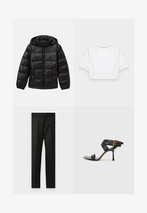 Czarna pikowana kurtka puchowa z kapturem, zamek błyskawiczny, kieszenie zapinane na napy, elastyczne mankiety oraz naszywka z logo na lewym rękawie.; Skrojona biała koszulka z miękkiego materiału, z krótkimi rękawami, okrągłym dekoltem i żebrowanymi detalami u dołu. Prosty i nieozdobiony design.; Czarne spodnie wykonane z gładkiego materiału, z dopasowanym krojem, prostymi nogawkami oraz płaskim pasem bez widocznych zapięć lub kieszeni.; Czarne sandały na obcasie z krzyżującymi się paskami i regulowanym zapięciem. Charakteryzują się gładką teksturą i zwężanym obcasem w kształcie szpilki.