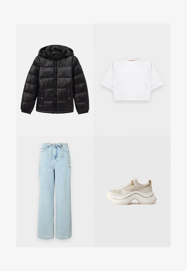 Černá prošívaná péřová bunda s kapucí, zipovým zapínáním, kapsami na patentky, elastickými manžetami a logem na levém rukávu.; Zkrácené bílé tričko vyrobené z měkké látky, má krátké rukávy, kulatý výstřih a žebrované detaily na lemech. Jednoduchý a nezdobený design.; Světlé modré džínové kalhoty s širokými nohavicemi a stahovací šňůrkou v pase, se dvěma roztrhnutími na kolenou a čistým lemem. Měkká textura a pohodlný volný střih.; Béžové a zlaté platformové tenisky s vzorem "MK", šněrováním na přední straně, zlatým přívěskem a silnou vlnitou podrážkou na jednobarevném pozadí.