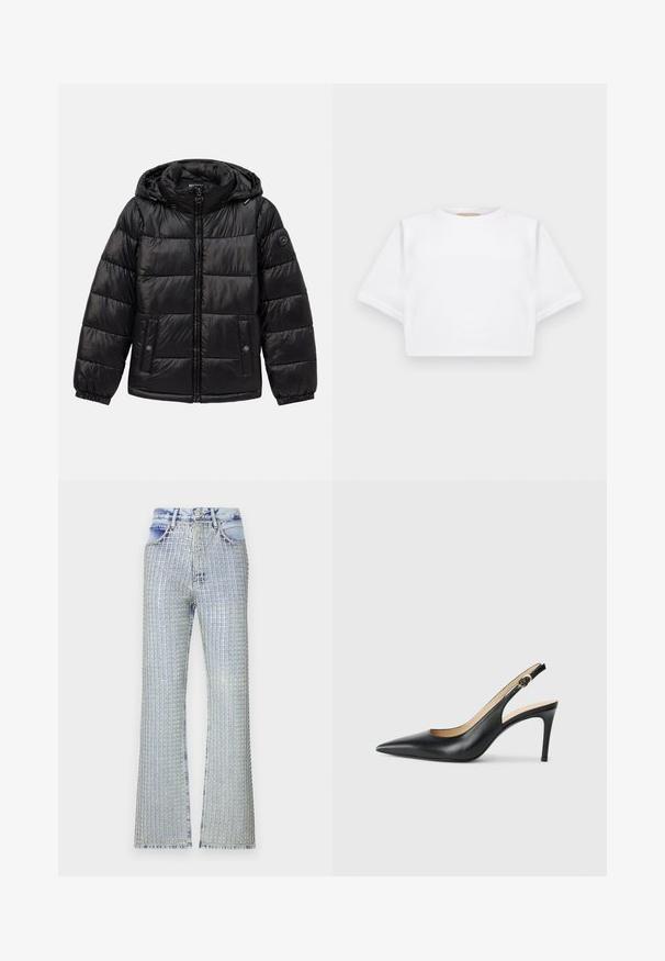 Fekete steppelt puffermellény kapucnival, cipzáros záródással, patentos zsebekkel, elasztikus mandzsettákkal és logóval a bal ujjon.; Rövid ujjú, puha anyagból készült, vágott fehér póló, kör alakú nyakkivágással és bordázott alsó résszel. Egyszerű és díszítetlen kialakítás.; Világoskék farmer, bővülő szárú nadrág ezüst díszítésekkel, rácsos mintával, magas derekú kivitelben és rojtos szegéllyel.; Fekete bőrből készült, hegyes orrú, állítható pánttal rendelkező magassarkú szandál, elegáns tűsarokkal, sima felülettel.