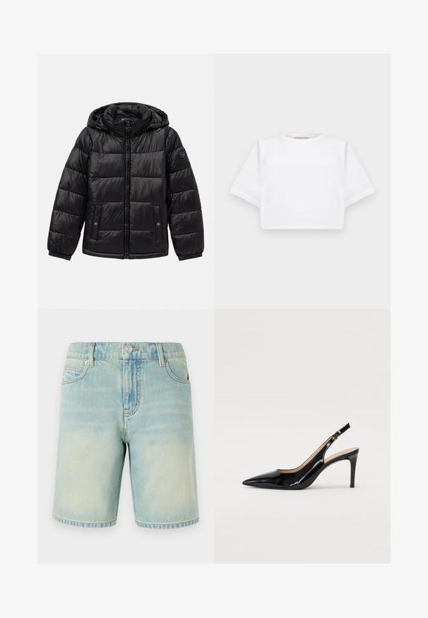 Black quilted puffer jacket with hood, zip closure, snap-button pockets, elastic cuffs, and logo patch on the left sleeve.; Cropped white t-shirt made of soft fabric, featuring short sleeves, a round neckline, and ribbed hem details. Simple and unembellished design.; Light blue denim shorts with a faded finish, featuring five-pocket design, visible stitching, and a metal button closure at the waistband.; Black patent leather slingback pump with pointed toe, slim heel, and a subtle cutout design. Features a gold buckle on the strap.