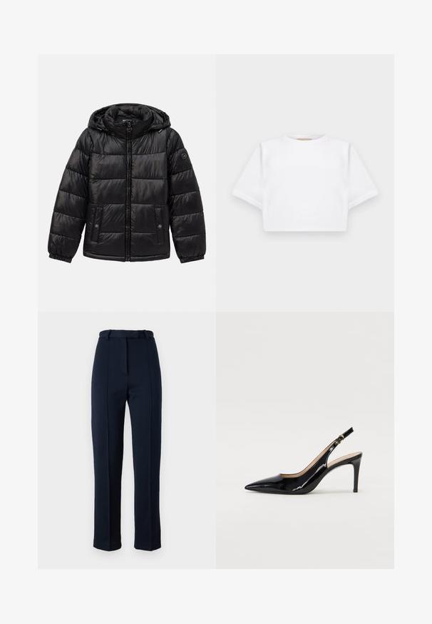Fekete steppelt puffermellény kapucnival, cipzáros záródással, patentos zsebekkel, elasztikus mandzsettákkal és logóval a bal ujjon.; Rövid ujjú, puha anyagból készült, vágott fehér póló, kör alakú nyakkivágással és bordázott alsó résszel. Egyszerű és díszítetlen kialakítás.; Sötétkék, szabott nadrág, texturált anyagból készült; övbújtatós derékrésszel és középső hajtással az elején. Karcsú, egyenes lábdesign.; Fekete lakk bőr kötött magassarkú cipő, hegyes orral és karcsú sarokkal, finom kivágásos dizájnnal. Az övön arany csatt található.