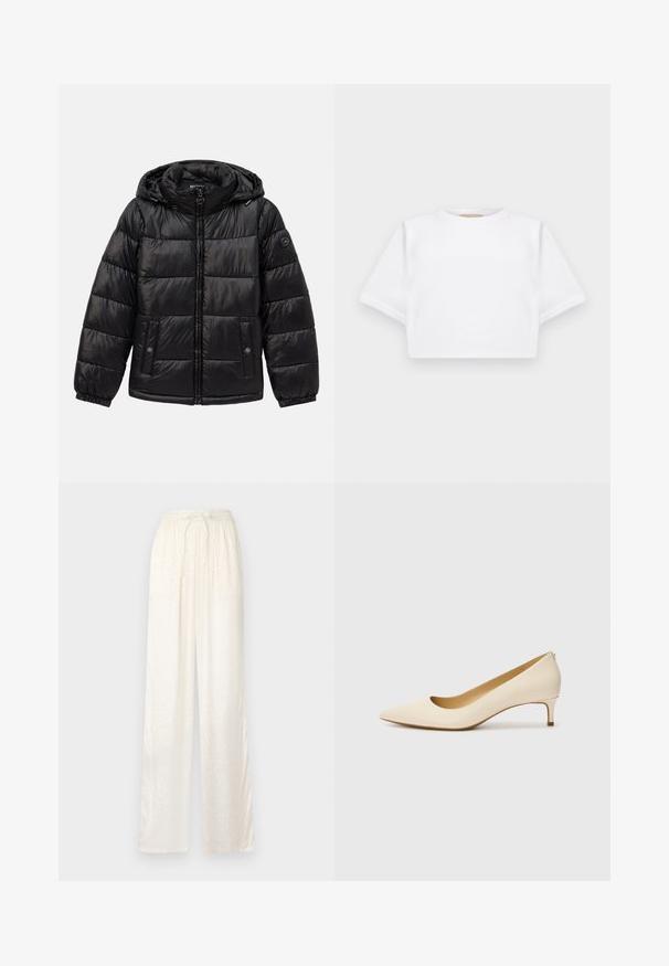 Casaco puffer acolchoado preto com capuz, fecho de zip, bolsos com botão de pressão, punhos elásticos e patch de logótipo na manga esquerda.; T-shirt branca corta, feita de tecido macio, apresentando mangas curtas, um decote redondo e detalhes de bainha canelada. Design simples e despretensioso.; Calças brancas, largas, com uma textura leve e semelhante a cetim. Apresentam uma cintura elástica com cordão para ajustar e um padrão subtil.; Sandalha beje com bico em ponta, feita de material sintético suave, apresentando um salto baixo e um design slip-on com um detalhe discreto na parte de trás.
