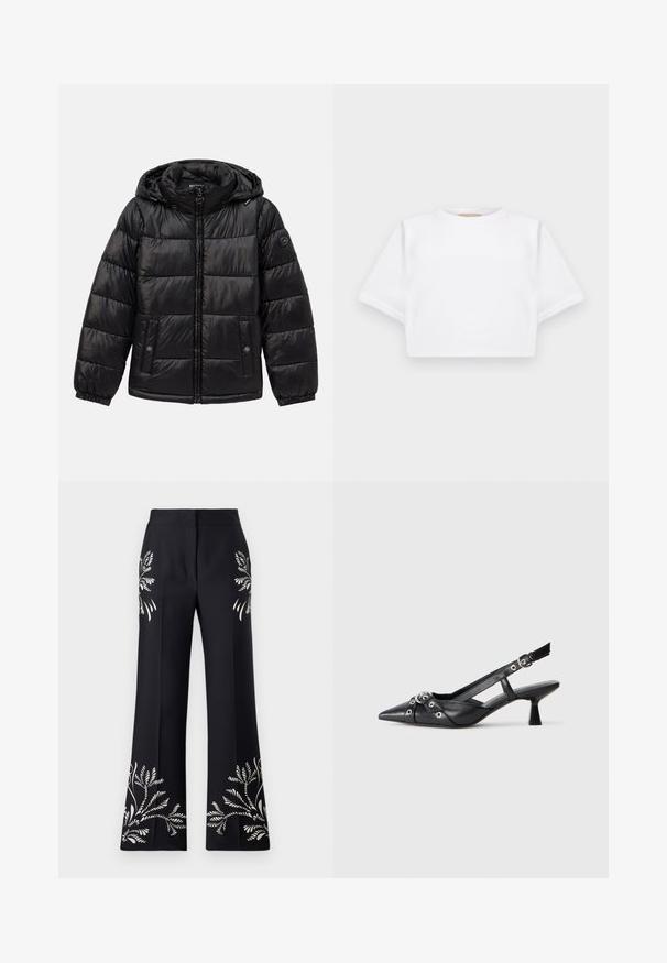 Casaco puffer acolchoado preto com capuz, fecho de zip, bolsos com botão de pressão, punhos elásticos e patch de logótipo na manga esquerda.; T-shirt branca corta, feita de tecido macio, apresentando mangas curtas, um decote redondo e detalhes de bainha canelada. Design simples e despretensioso.; Calças de perna larga em tecido preto com bordado floral branco em ambas as pernas, com textura suave e cintura ajustada.; Sapato slingback em couro preto com biqueira fina, tiras decorativas com ilhós de metal e um pequeno salto quadrado. Superfície texturizada.