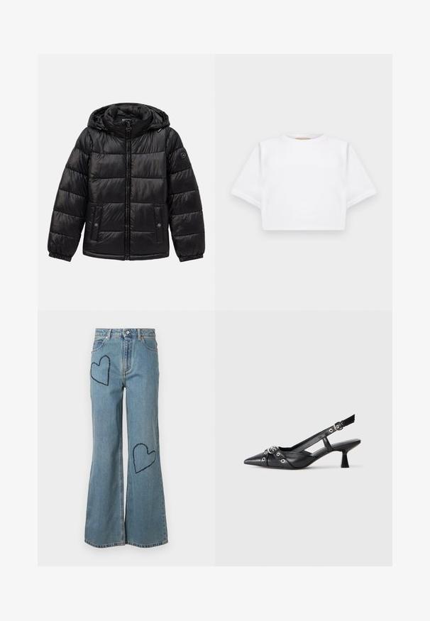 Mustmustarist kašmirist kraavi jakk kapuutsiga, lukuga sulgemine, nööbiga taskud, elastsed mansetid ja logo lipik vasakul varrukal.; Lühikeste varrukatega, pehmest kangast lõigatud valge T-särk, millel on ümar kaelus ja soonikuga ääred. Lihtne ja ilma kaunistusteta disain.; Heledad sinine teksapükste lõwa, mille esiosas on kaks tumedat sinist südamepläätsi. Klassikaline viie tasku disain ja nupuga sulgemine.; Must must have must toote tõmblukuga, dekoratiivsed rihmad metallist silmadega ja madal blokk-kand. Tekstureeritud pind.