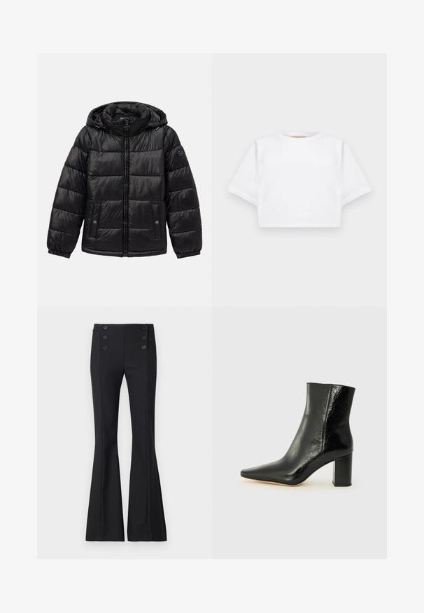 Černá prošívaná péřová bunda s kapucí, zipovým zapínáním, kapsami na patentky, elastickými manžetami a logem na levém rukávu.; Zkrácené bílé tričko vyrobené z měkké látky, má krátké rukávy, kulatý výstřih a žebrované detaily na lemech. Jednoduchý a nezdobený design.; Černé rozšířené kalhoty vyrobené z tkané látky, s vysokým pasem, předními švy a čtyřmi dekorativními knoflíky v oblasti pasu.; Černé kotníkové boty z lesklé kůže s špičatou špičkou a masivním, čtvercovým podpatkem. Vyznačují se hladkou texturou a minimalistickým designem.