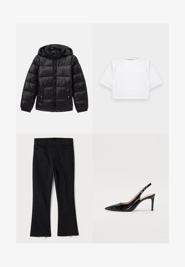 Chaqueta de plumas acolchada negra con capucha, cierre de cremallera, bolsillos con botón a presión, puños elásticos y parche de logo en la manga izquierda.; Camiseta blanca corta hecha de una tela suave, con mangas cortas, escote redondo y detalles de ribete en el dobladillo. Diseño simple y sin adornos.; Mother LIL HUSTLER FRAY - Vaqueros bootcut - black denim; Zapatos de charol negro con tirante al tobillo, punta afilada, tacón delgado y un diseño de corte sutil. Presenta una hebilla dorada en la correa.