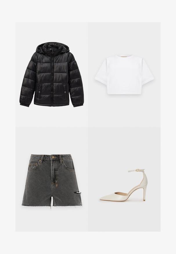 Mustmustarist kašmirist kraavi jakk kapuutsiga, lukuga sulgemine, nööbiga taskud, elastsed mansetid ja logo lipik vasakul varrukal.; Lühikeste varrukatega, pehmest kangast lõigatud valge T-särk, millel on ümar kaelus ja soonikuga ääred. Lihtne ja ilma kaunistusteta disain.; Tumed hallid teksapükse lühikesed püksid, kätkedega äär, kulunud detailid ja kontrastne kollane niit. Omab traditsioonilisi taskuid ja esi-nööpi.; Valgete nahast kõrge kontsaga kingad, terava varbaga, ankle strapiga ja kitsaste stiletto kontsadega. Sile tekstuur koos peene läikega.