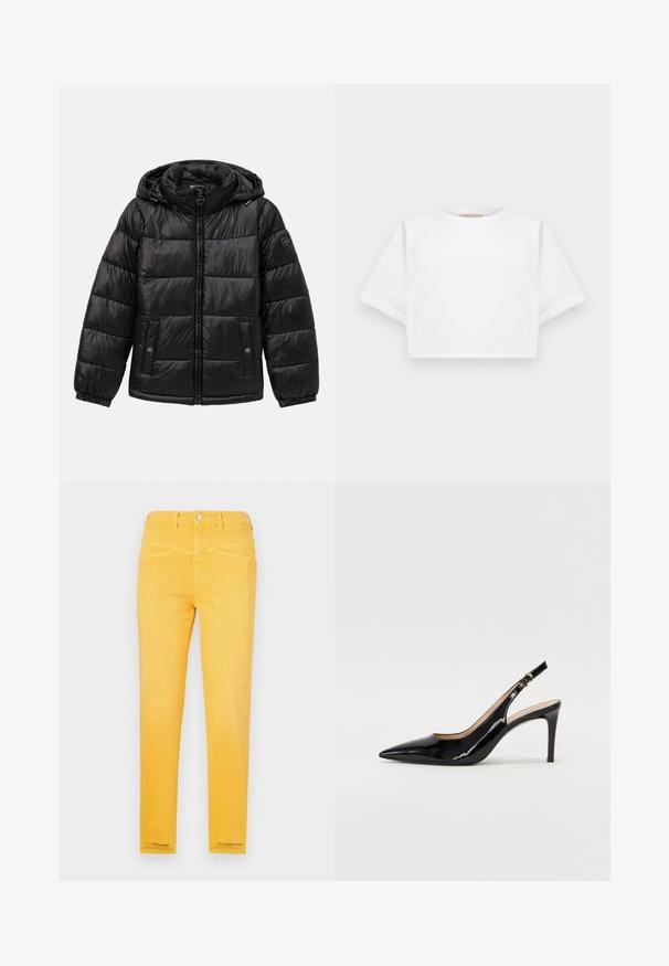 Black quilted puffer jacket with hood, zip closure, snap-button pockets, elastic cuffs, and logo patch on the left sleeve.; Cropped white t-shirt made of soft fabric, featuring short sleeves, a round neckline, and ribbed hem details. Simple and unembellished design.; Yellow denim jeans with a fitted design, five pockets, and a button closure. Smooth texture with stitching accents along the seams.; Black patent leather slingback pump with pointed toe, slim heel, and a subtle cutout design. Features a gold buckle on the strap.