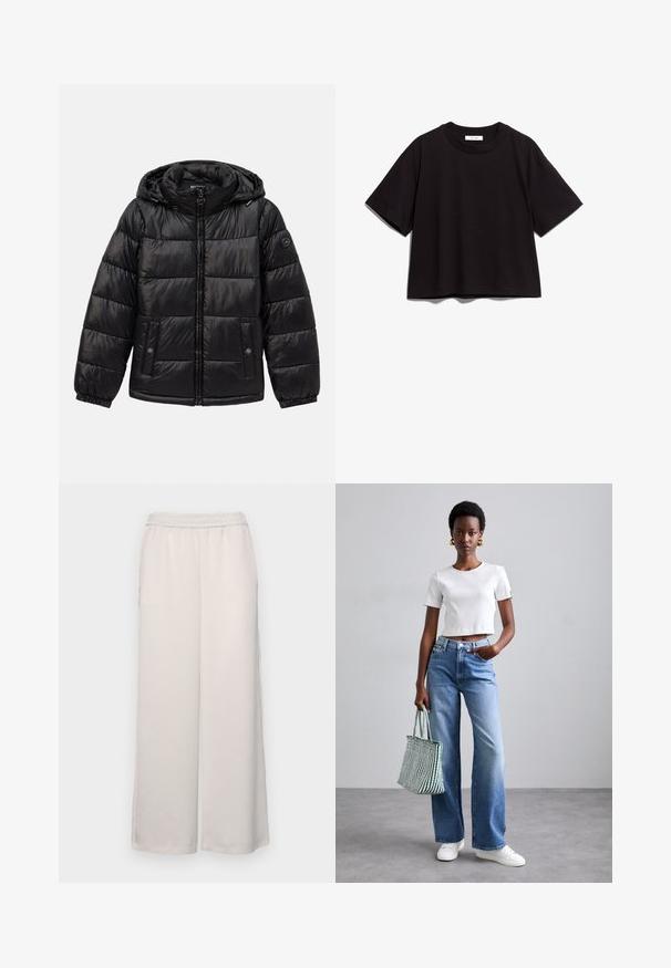Zwarte gewatteerde pufferjack met capuchon, ritssluiting, drukknoopzakken, elastische manchetten en logo-opdracht op de linkermouw.; Zwart katoenen crop t-shirt met een ronde hals en korte mouwen. Heeft een relaxte pasvorm en een eenvoudig, onopgesmukt ontwerp.; Licht beige wijde broek met een elastische tailleband. Glad materiaal, volledige lengte, geen zichtbare versieringen of patronen.; Witte geribde crop top, lichtblauwe wijde jeans en witte sneakers. Houdt een groen-wit gestreepte tote bag vast.