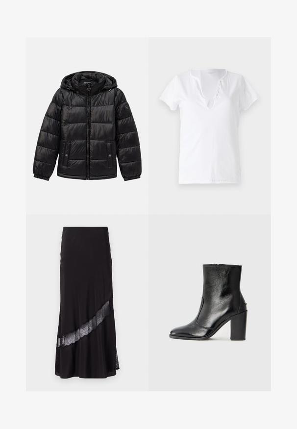 Crna jakna s kvačicama, s kapuljačom, zatvaranjem na patentni zatvarač, džepovima na dugmad, elastičnim manžetama i logotipom na lijevom rukavu.; Bijela pamučna majica kratkih rukava, opuštenog kroja i V-izrezom s pločicom koja sadrži pet dekorativnih gumbića.; Crna suknja izrađena od glatkog materijala, s čipkastim umetkom dijagonalno uz rub. Raskošnog kroja s suptilnim sjajem.; Crna kožna čizma do gležnjeva s glatkom teksturom, špicastim vrhom i debelim visokim potpeticama. Ima bočni otvor i minimalistički dizajn.