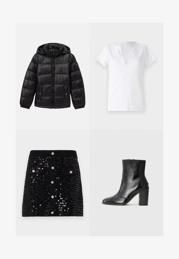 Chaqueta de plumas acolchada negra con capucha, cierre de cremallera, bolsillos con botón a presión, puños elásticos y parche de logo en la manga izquierda.; Camiseta de algodón blanca de manga corta, con un corte relajado y un escote en V que presenta una tapeta con cinco botones decorativos.; Falda de lentejuelas negras con un diseño ajustado, dos bolsillos frontales y botones decorativos con acentos parecidos a joyas. Textura suave en toda la prenda.; Botín negro de cuero con textura suave, puntera puntiaguda y un tacón alto y robusto. Presenta una apertura lateral y un diseño minimalista.