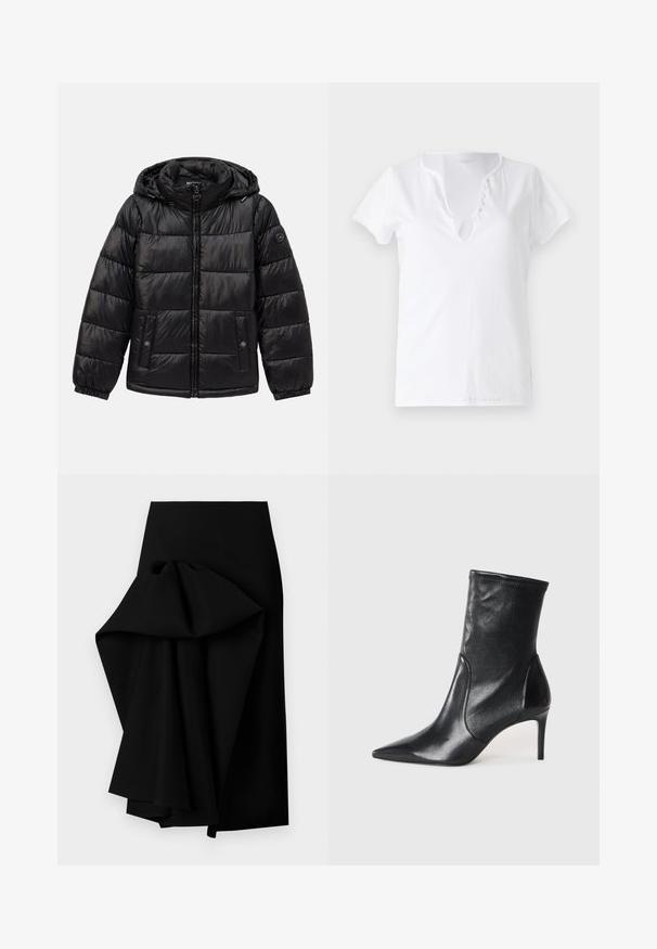 Geacă pufată neagră, matlasată, cu glugă, închidere cu fermoar, buzunare cu capse, manșete elastice și patch cu logo pe mâneca stângă.; Tricou alb din bumbac, cu mâneci scurte, croială lejeră și decolteu în V, având o deschidere cu cinci butoane decorative.; Fustă neagră realizată dintr-un material neted, cu un design drapat supradimensionat pe o parte, formând un tiv înalt-jos.; Bocanci negri până la gleznă, din piele netedă, cu vârf ascuțit, arbore ajustat și toc subțire înalt. Design minimalist, fără hardware vizibil.