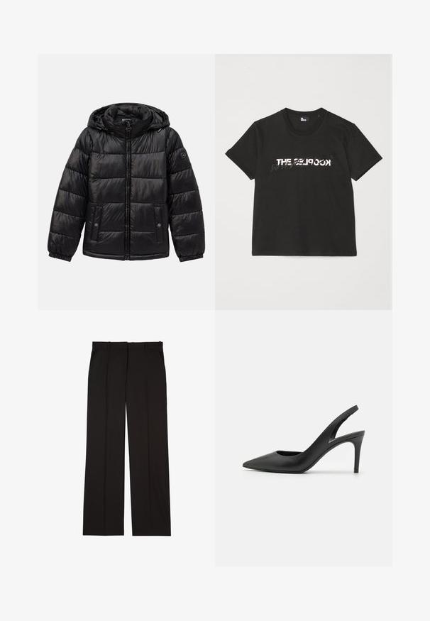 Črna podložena puhovka s kapuco, zadrgo, žepoma na nastavek s gumbom, elastičnimi manšeti in logotipom na levem rokavu.; Črna bombažna majica s kratkimi rokavi, z belim in sivim natisnjenim dizajnom "THE 2LOOK" na sprednji strani. Klasičen kroj z okroglim izrezom.; Črne krojene hlače iz gladkega materiala, s straight-leg obliko in dvema stranskima žepoma. Elegantna in minimalistična zasnova.; Črne usnjene slingback visokih petah s koničastim nosom, ki vključujejo izrez spredaj in tanko stilettoteko.