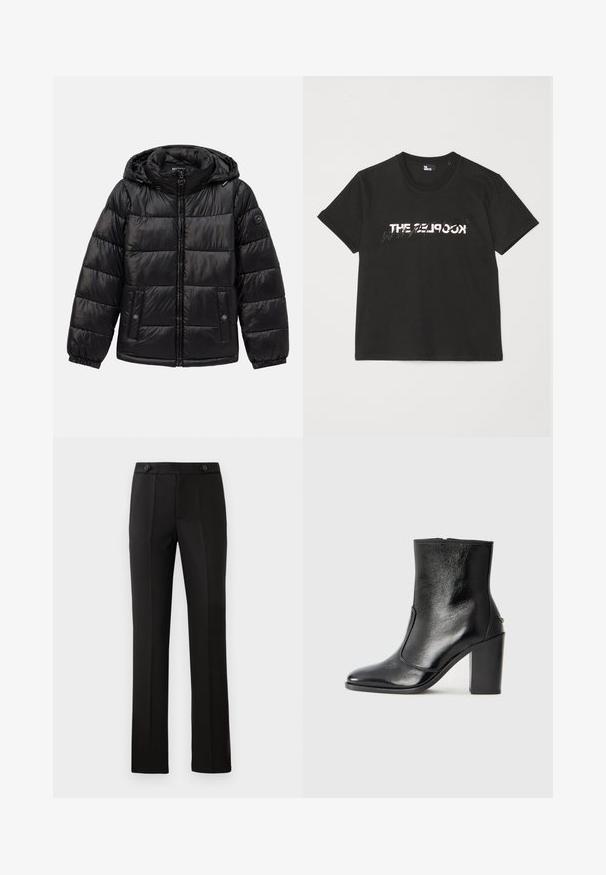 Zwarte gewatteerde pufferjack met capuchon, ritssluiting, drukknoopzakken, elastische manchetten en logo-opdracht op de linkermouw.; Zwarte katoenen t-shirt met korte mouwen, met een bedrukte witte en grijze "THE 2LOOK"-ontwerp over de voorkant. Klassieke ronde hals.; Zwarte op maat gemaakte broek met een rechte pijp, twee voorzakken, een knoopsluiting en plooien aan de voorkant. Glad textuur van de stof.; Zwarte leren enkelboot met een gladde textuur, spitse neus en een gedurfde hoge hak. Beschikt over een zijopening en een minimalistisch ontwerp.