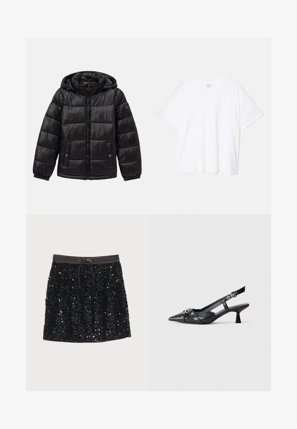 Melnā uzpušķotā puffer jaka ar kapuci, ar rāvējslēdzēju, pogu kabatām, elastīgām piedurknēm un logo uzlīmi kreisajā piedurknē.; Balta kokvilnas T-krekls ar īsām piedurknēm, apaļu dekoltē, brīva piegriezuma un šūtu apakšmalu. Etiķete redzama iekšējā kakla daļā.; Melnā sequīnu svārki ar elastīgu jostasvietu un aukliņu, ar gludu tekstūru un spīdīgu virsmu, kas atspoguļo gaismu.; Melnas ādas šlipsveida kurpes ar norādītu purngalu, dekoratīvām joslām ar metāla acīm un zemu bloku papēdi. Teksturēta virsma.