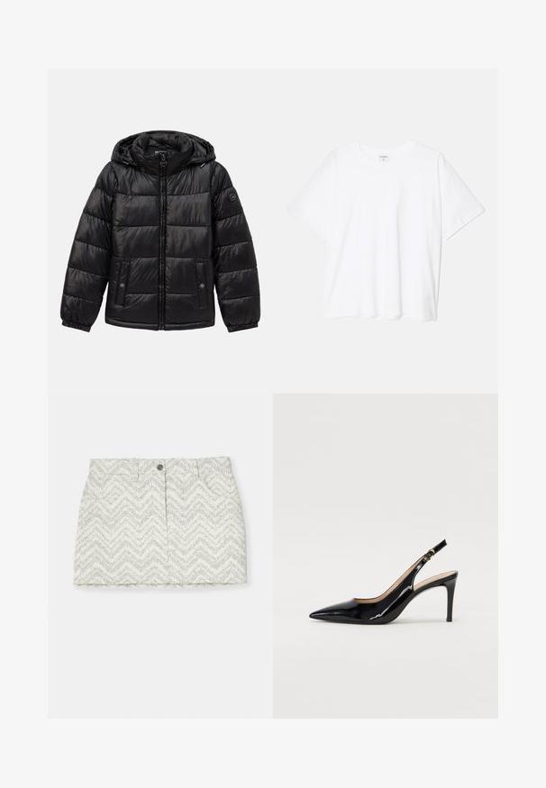 Juodas siuvinėtas pūkinis švarkas su kauke, užtrauktuku, spaudėmis kišenėmis, elastingomis rankogaliais ir logotipo aplikacija kairiajame rankove.; Balta medvilnės marškinėliai trumpomis rankovėmis, apvalia iškirpte, laisvo kirpimo ir su siūtu kraštu. Etiketė matoma vidinėje iškirptės pusėje.; Balta sijonas su ševrono raštu pilka spalva, su sagų uždarymu, dviem šoninėm kišenėm ir tiesiu kirpimu. Pagamintas iš tekstūruotos medžiagos.; Juodas lakinės odos slingback batelis su smailiu nosiu, plonu kulnu ir subtiliu išpjovos dizainu. Yra auksinė sagtis ant dirželio.