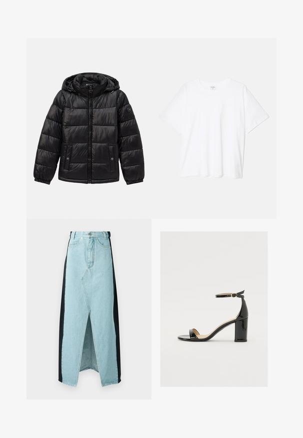 Veste en duvet matelassée noire avec capuche, fermeture éclair, poches à boutons-pression, poignets élastiques et écusson logo sur la manche gauche.; T-shirt en coton blanc avec des manches courtes, un col rond, une coupe décontractée et un ourlet cousu. Étiquette visible à l'intérieur du col.; Jupe en denim combinant des matériaux bleu clair et noir, avec une fente avant, taille haute et un design structuré avec fermeture à bouton standard.; Sandale en cuir verni noir avec un large talon, orteils ouverts et une bride de cheville ornée d'une boucle en or. Texture lisse et design épuré.