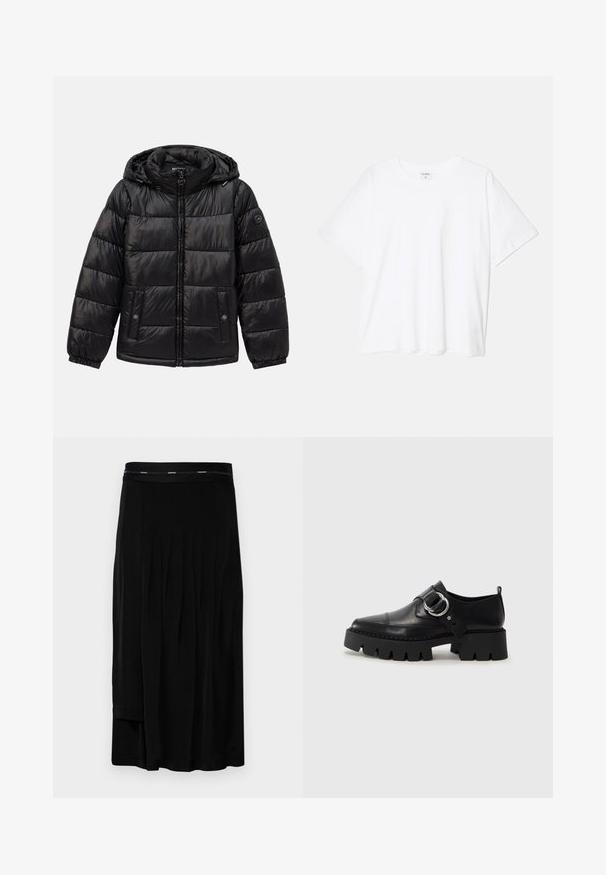 Fekete steppelt puffermellény kapucnival, cipzáros záródással, patentos zsebekkel, elasztikus mandzsettákkal és logóval a bal ujjon.; Fehér pamut póló rövid ujjal, kerek nyakkivágással, laza fazonnal és varrott szegéllyel. Címke látható a belső nyakrészén.; Fekete midi szoknya, amely redőzött, sima textúrájú, és széles derékrésze van, diszkrét márkalogóval. Egyszerű dizájn és földig érő szabás.; Fekete bőr cipők tömzsi, bordázott talppal, kerek ezüst hardware díszítéssel és minimális varrási részletekkel.