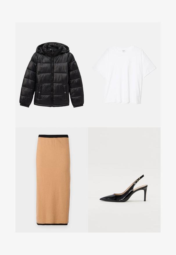 Černá prošívaná péřová bunda s kapucí, zipovým zapínáním, kapsami na patentky, elastickými manžetami a logem na levém rukávu.; Bílý bavlněný tričko s krátkým rukávem, kulatým výstřihem, volným střihem a šitým lemem. Nálepka viditelná na vnitřní straně výstřihu.; Sukně do poloviny stehen v barvě velbloudí z pleteniny s černým elastickým pasem a hladkým povrchem. Jednoduchý design, bez viditelných vzorů nebo akcentů.; Černé lakované slingback lodičky s špičatou špičkou, úzkým podpatkem a jemným výřezem. Obsahují zlatou sponu na řemínku.