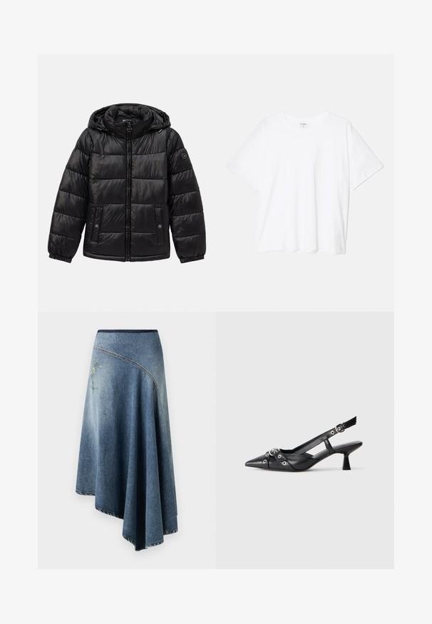 Black quilted puffer jacket with hood, zip closure, snap-button pockets, elastic cuffs, and logo patch on the left sleeve.; White cotton t-shirt with short sleeves, round neckline, relaxed fit, and stitched hem. Label visible on the inside neck.; Denim wrap skirt in light to dark blue gradient, featuring an embroidered floral design on one side and visible stitch detailing along the edges.; Black leather slingback shoe with a pointed toe, decorative straps featuring metal eyelets, and a low block heel. Textured surface.