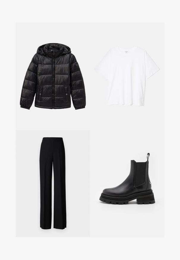 Black quilted puffer jacket with hood, zip closure, snap-button pockets, elastic cuffs, and logo patch on the left sleeve.; White cotton t-shirt with short sleeves, round neckline, relaxed fit, and stitched hem. Label visible on the inside neck.; Black wide-leg trousers with a smooth texture, featuring a high waistband and center pleats. No visible patterns or hardware details.; Black leather Chelsea boot with elastic side panels, round toe, chunky rubber sole, and pull tab at the heel. Textured and smooth surfaces.