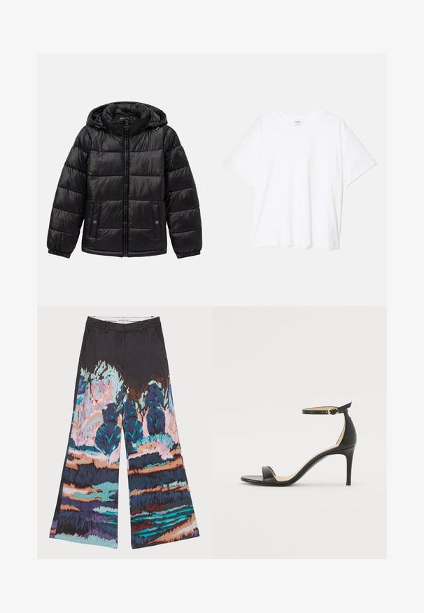 Black quilted puffer jacket with hood, zip closure, snap-button pockets, elastic cuffs, and logo patch on the left sleeve.; White cotton t-shirt with short sleeves, round neckline, relaxed fit, and stitched hem. Label visible on the inside neck.; Wide-leg trousers in black fabric featuring a colorful, abstract landscape design with blues, pinks, and earthy tones. Smooth texture.; Black leather high-heeled sandal with an ankle strap. Features a smooth texture, open toe, and a thin heel. Gold-toned buckle detail.