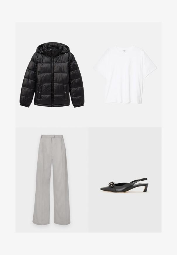 Juodas siuvinėtas pūkinis švarkas su kauke, užtrauktuku, spaudėmis kišenėmis, elastingomis rankogaliais ir logotipo aplikacija kairiajame rankove.; Balta medvilnės marškinėliai trumpomis rankovėmis, apvalia iškirpte, laisvo kirpimo ir su siūtu kraštu. Etiketė matoma vidinėje iškirptės pusėje.; Šviesiai pilkos plačios kelnės su vertikaliomis baltomis juostelėmis, turinčios priekinį raukšlėjimą ir plokščią juosmenį. Pagamintos iš lygaus audinio.; Juodas odinis slingback batelis su smailiu nosiu, maža pakulne ir dekoratyvine sagtimi viršuje. Lygus paviršius, minimalistas dizainas.