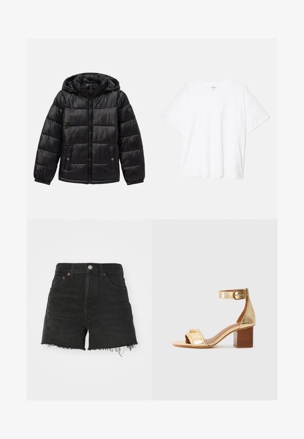 Casaco puffer acolchoado preto com capuz, fecho de zip, bolsos com botão de pressão, punhos elásticos e patch de logótipo na manga esquerda.; T-shirt de algodão branco com mangas curtas, decote redondo, corte descontraído e bainha cosida. Etiqueta visível no interior do pescoço.; Calções de ganga pretos com cintura alta, bainha desfiada e rebites em tom cobre. Apresenta um design clássico de cinco bolsos e fecho com botão.; Sandal de salto alto metálico dourado com uma faixa larga nos dedos, tira no tornozelo com fivela e salto quadrado. Textura suave, detalhes mínimos.